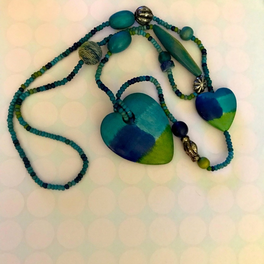 Beautiful Heart necklace in Aqua greens, blue wood, acrylic, Silver like beads